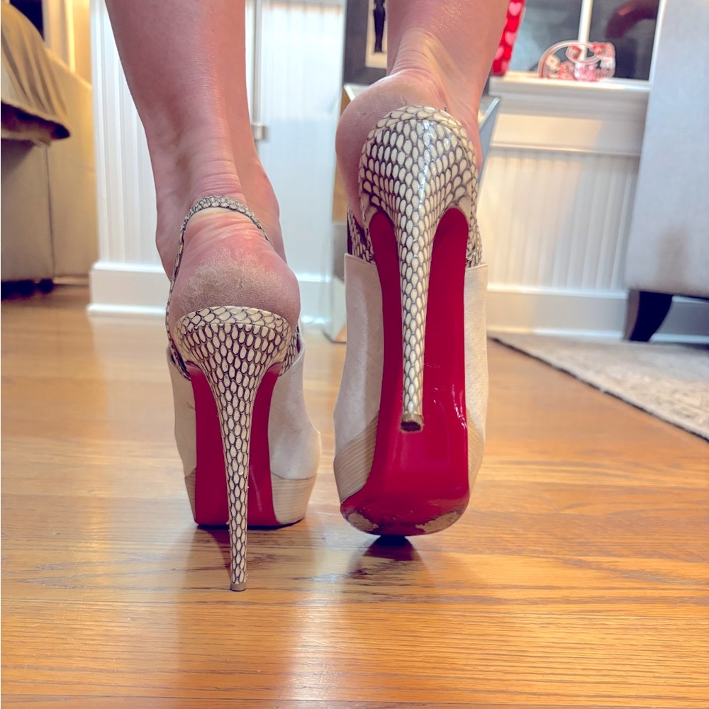 Christian Louboutin Platform Heels. 41 Water Snake Straps, Beige. Sexy, Classic.